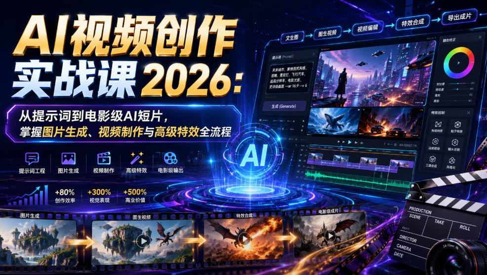 AI视频创作实战课2026：从提示词到电影级AI短片，掌握图片生成、视频制作与高级特效全流程-途喵资源网 精品教程 行业软件 热门项目 这里总能找到你需要的资源！