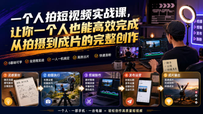 一个人拍短视频实战课，让你一个人也能高效完成从拍摄到成片的完整创作-途喵资源网 精品教程 行业软件 热门项目 这里总能找到你需要的资源！