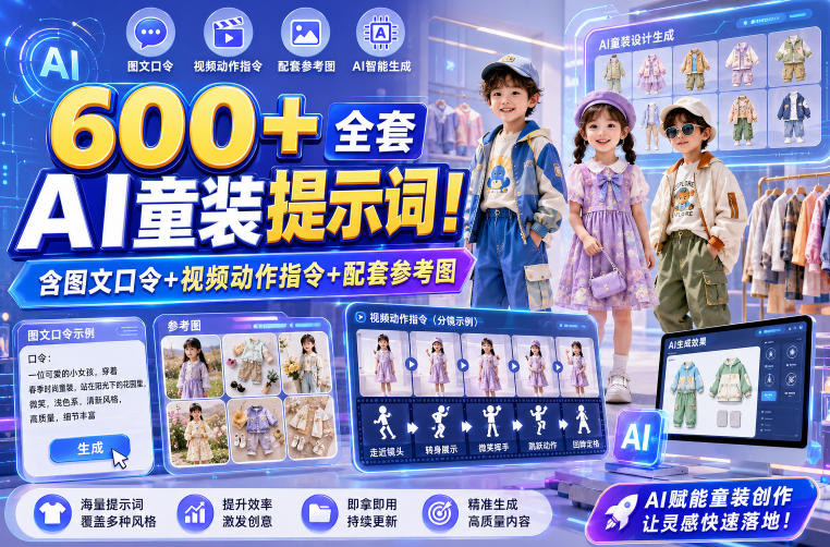 600+全套AI童装提示词！含图文口令+视频动作指令+配套参考图，Word-Excel规整分类，童装电商、种草无脑量产内容！-途喵资源网 精品教程 行业软件 热门项目 这里总能找到你需要的资源！