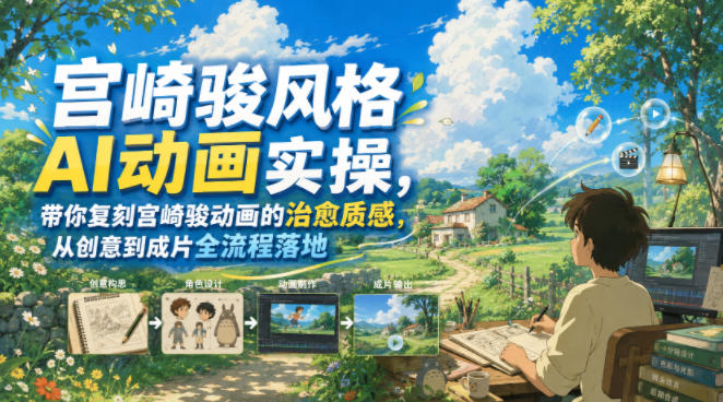宫崎骏风格AI动画实操，带你复刻宫崎骏动画的治愈质感，从创意到成片全流程落地-途喵资源网 精品教程 行业软件 热门项目 这里总能找到你需要的资源！