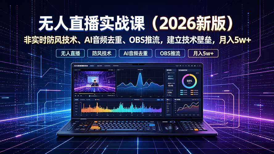 （19292期）无人直播实战课（更新7月），非实时防风技术、AI音频去重、OBS推流，建立技术壁垒，月入5w+-途喵资源网 精品教程 行业软件 热门项目 这里总能找到你需要的资源！
