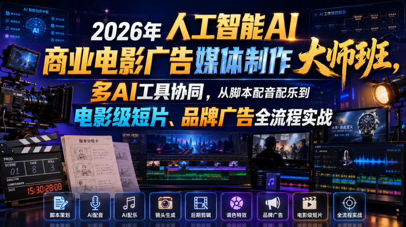 2026年人工智能AI商业电影广告媒体制作大师班，多AI工具协同，从脚本配音配乐到电影级短片、品牌广告全流程实战（中英字幕）-途喵资源网 精品教程 行业软件 热门项目 这里总能找到你需要的资源！