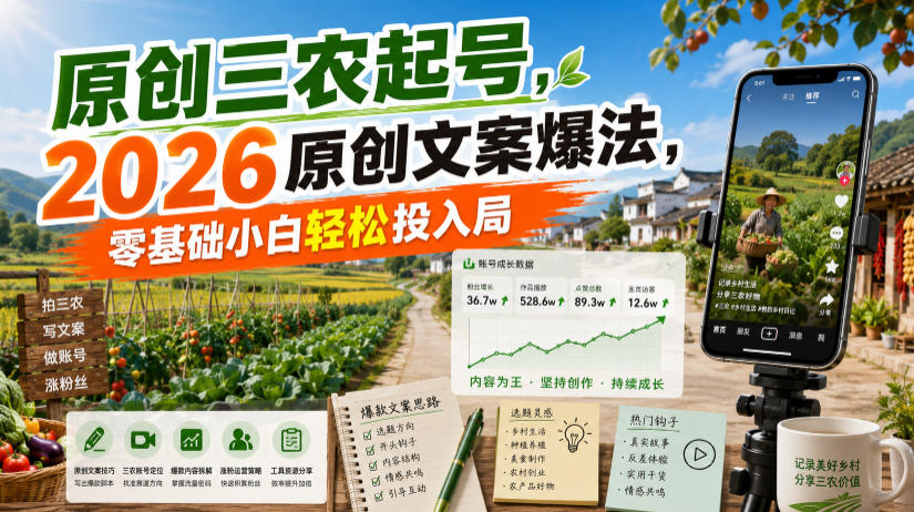 原创三农起号，2026原创文案爆法，零基础小白轻松投入局-途喵资源网 精品教程 行业软件 热门项目 这里总能找到你需要的资源！