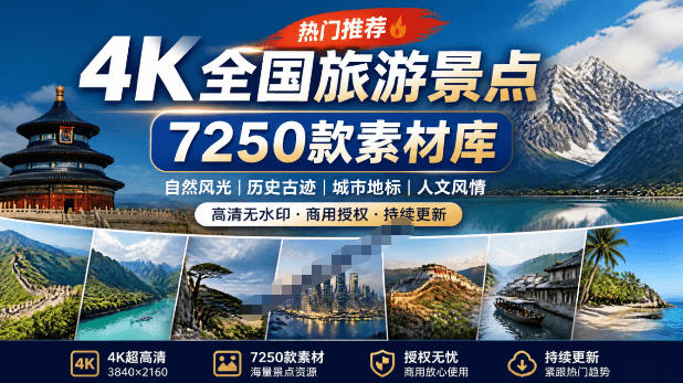 热门全国旅游风景素材！4K全国旅游景点素材库，7250款素材，旅行达人城市航拍风景风光高清短视频-途喵资源网 精品教程 行业软件 热门项目 这里总能找到你需要的资源！