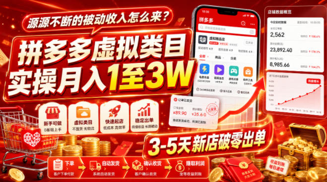 源源不断的被动收入怎么来？拼多多虚拟类目实操月入1至3W，3-5天新店破零出单-途喵资源网 精品教程 行业软件 热门项目 这里总能找到你需要的资源！