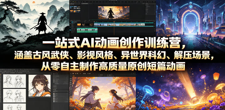 一站式AI动画创作训练营，涵盖古风武侠、影视风格、异世界科幻、解压场景，从零自主制作高质量原创短篇动画（更新）-途喵资源网 精品教程 行业软件 热门项目 这里总能找到你需要的资源！
