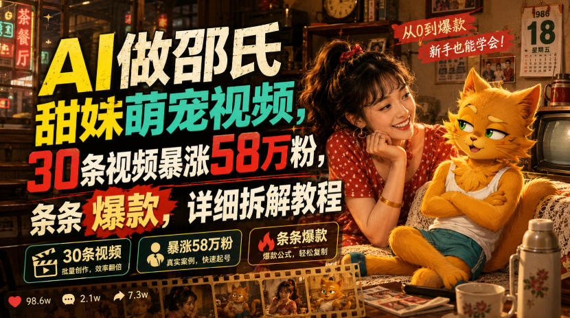 AI做邵氏甜妹萌宠视频，30条视频暴涨58万粉，条条爆款，详细拆解教程-途喵资源网 精品教程 行业软件 热门项目 这里总能找到你需要的资源！